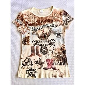 Fornia Wrangler Rough Riders Rodeo Graphic Tee Rhinestone Cream Medium USA